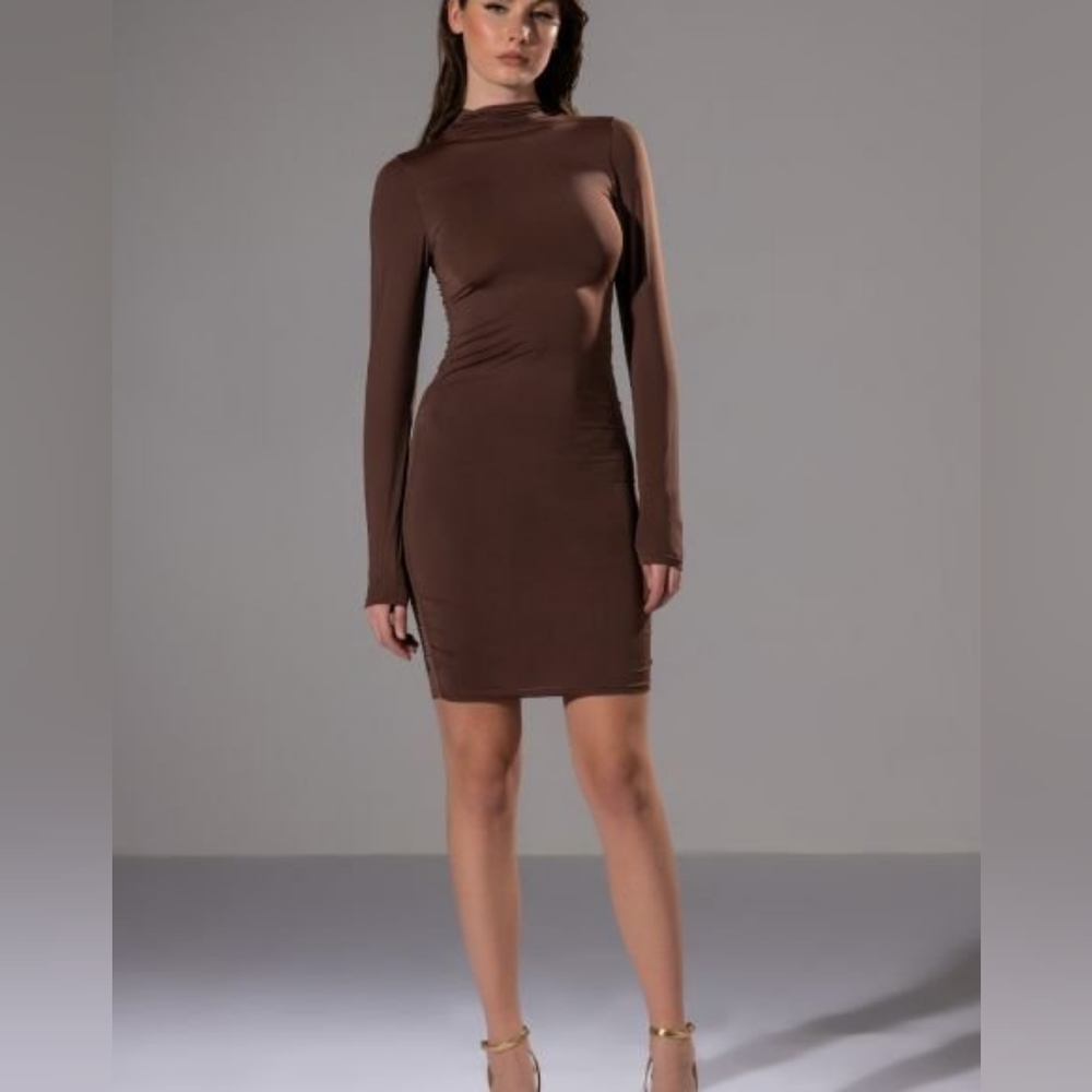 🤎 RUCHED LONG SLEEVE MINI DRESS In BROWN Akira